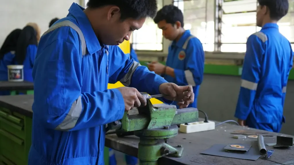 Apprentis en tenue de travail dans un atelier
