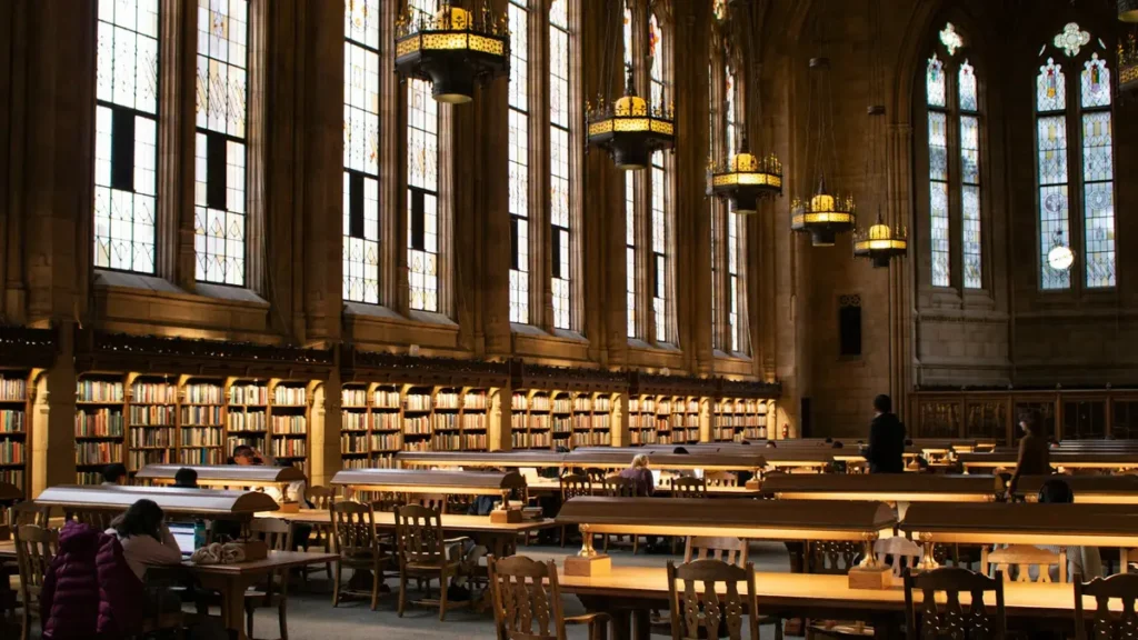 Étudiants qui travaillent dans une grande bibliothèque ancienne