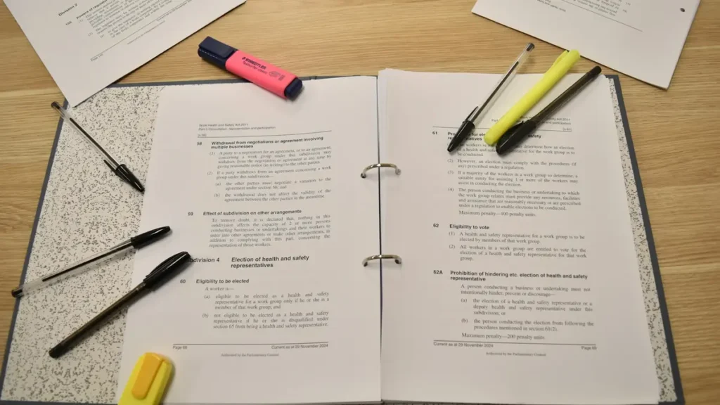 Documents surlignés et stylos sur un bureau