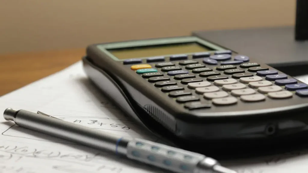 Calculatrice et stylo posés sur une feuille
