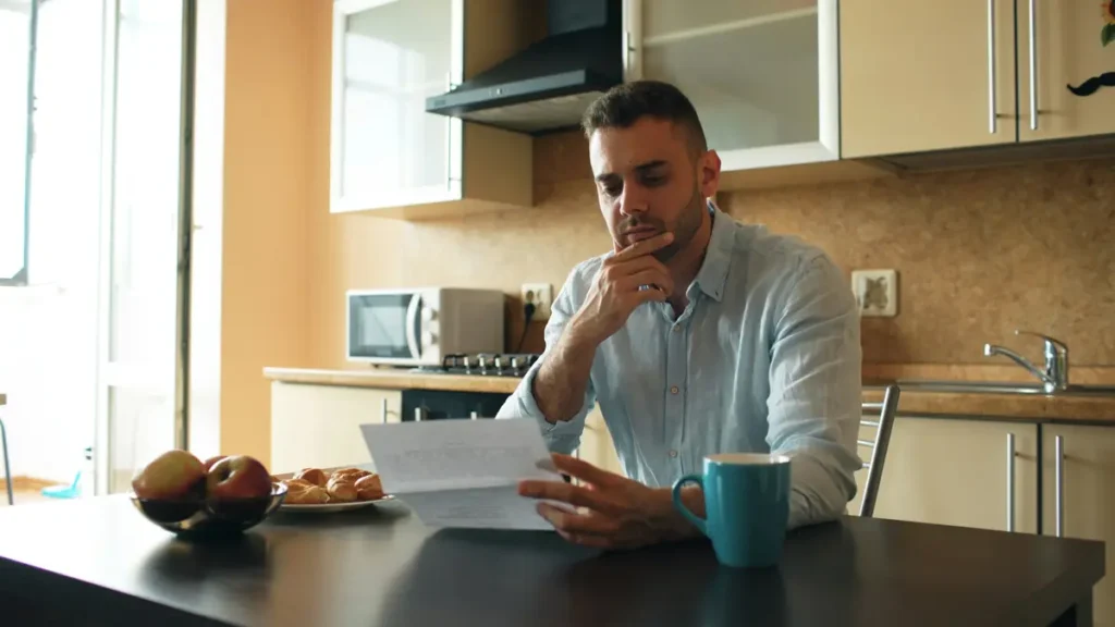 Homme qui lit un courrier dans sa cuisine