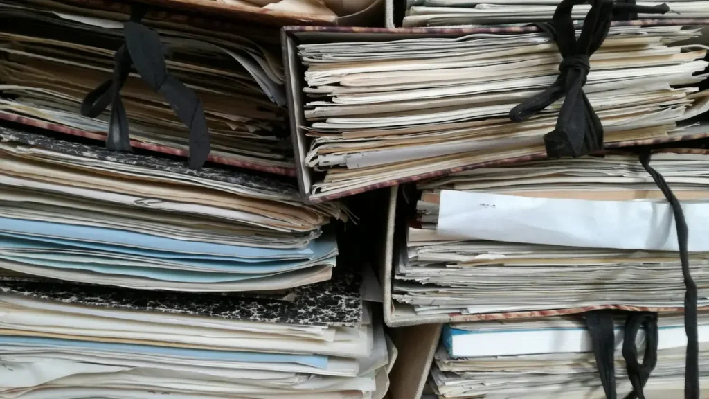 Piles de dossiers anciens attachés par des ficelles