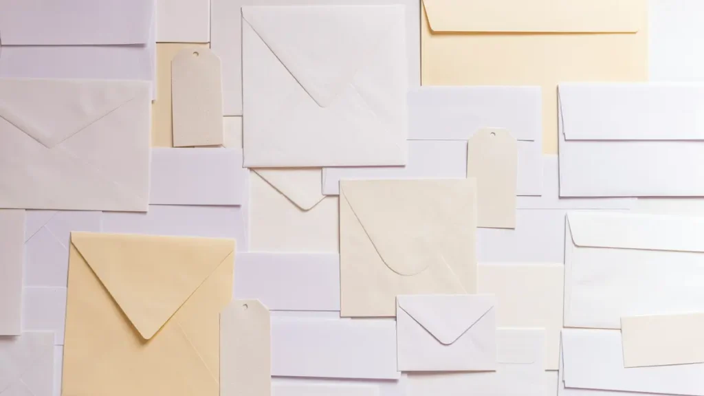 Nombreuses enveloppes de couleurs claires étalées