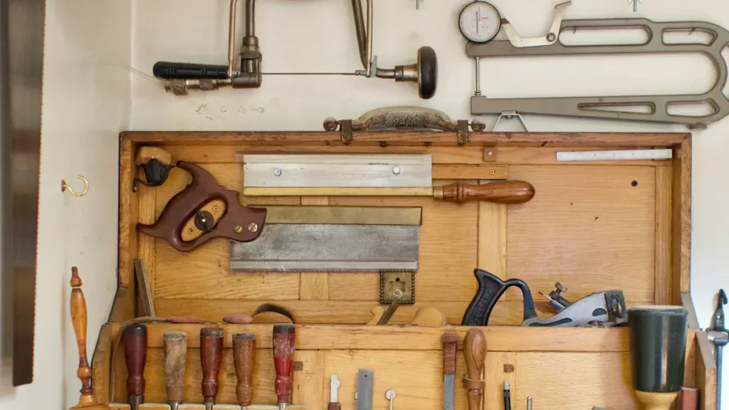 Établi d'atelier avec outils accrochés au mur