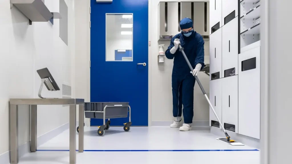 Agent d'entretien qui nettoie le sol d'un couloir d'hôpital