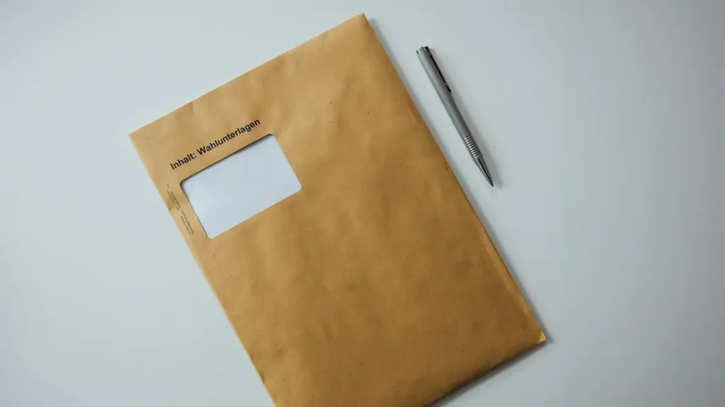 Grande enveloppe kraft et stylo posés sur une table