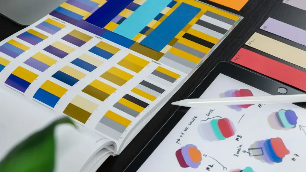Nuancier de couleurs et croquis sur un bureau de graphiste