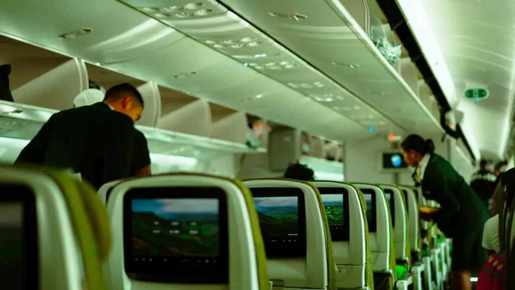 Personnel de cabine au service des passagers dans un avion