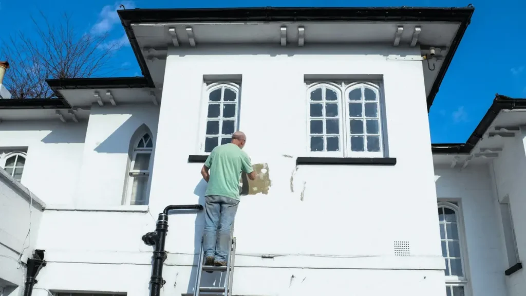 Peintre sur une échelle devant la façade blanche d'une maison