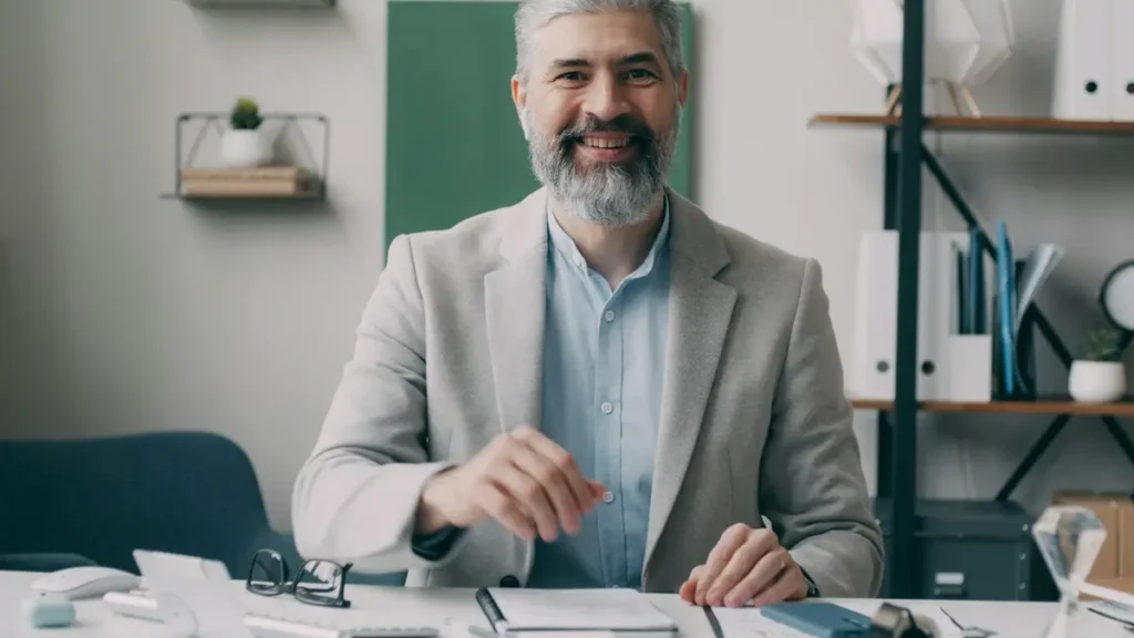 Homme aux cheveux gris souriant à son bureau