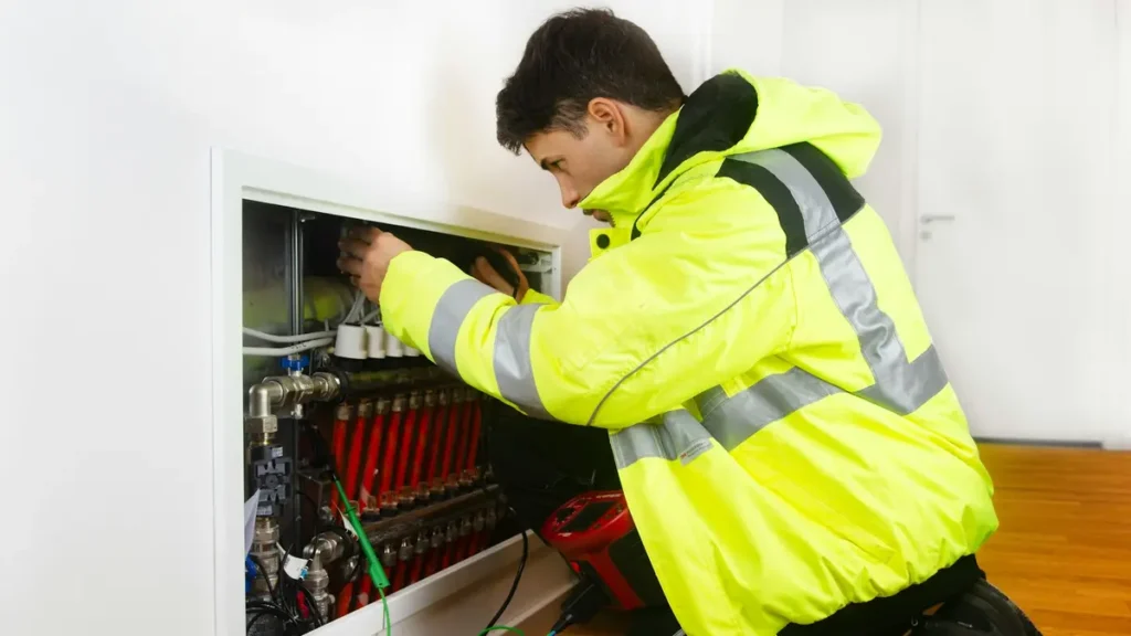 Technicien en gilet de sécurité intervenant sur une armoire électrique