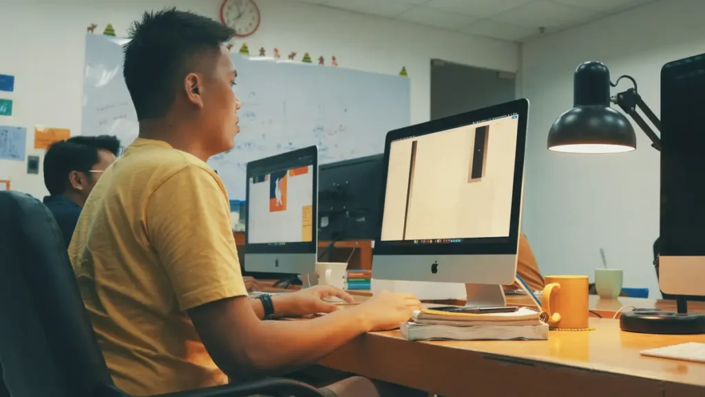 Homme qui travaille sur un ordinateur de bureau dans un open space