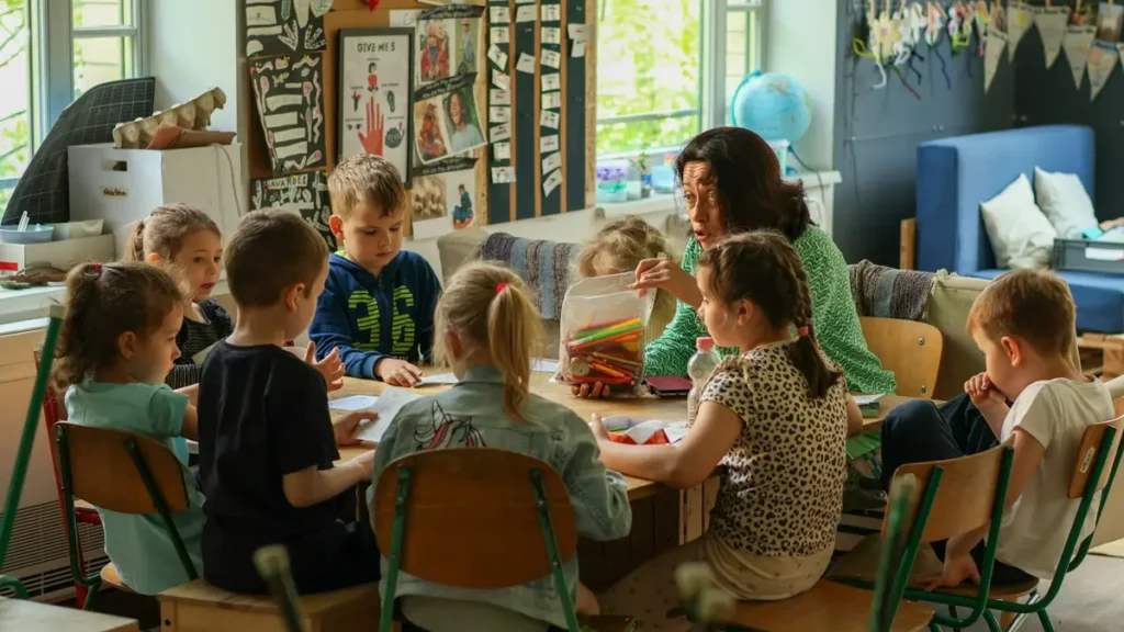 Adulte assise avec un groupe d'enfants autour d'une table de classe
