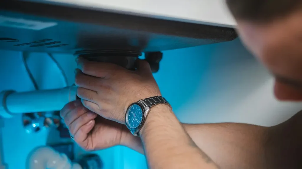 Mains d'un plombier qui répare une installation sous un évier