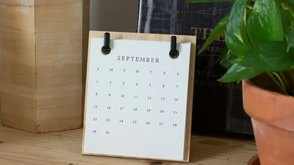 Calendrier de bureau posé à côté d'une plante