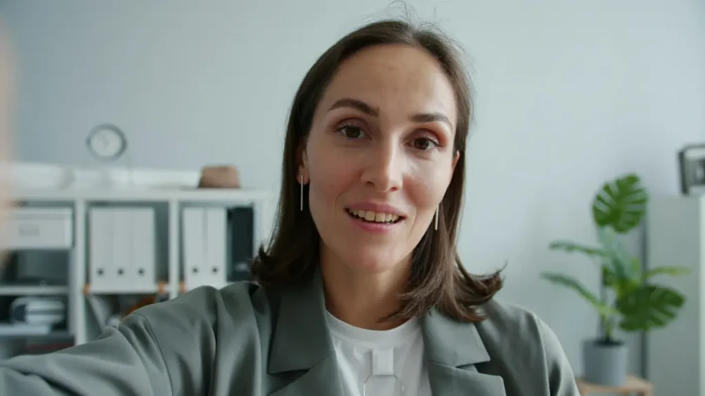 Femme souriante qui parle face à sa webcam