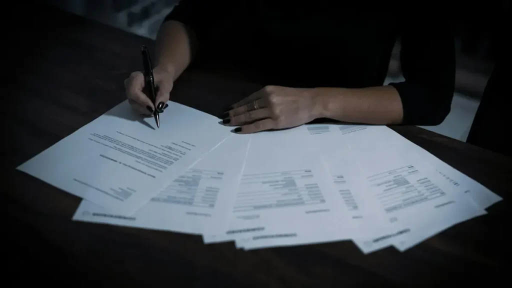 Personne qui annote des documents étalés sur une table sombre