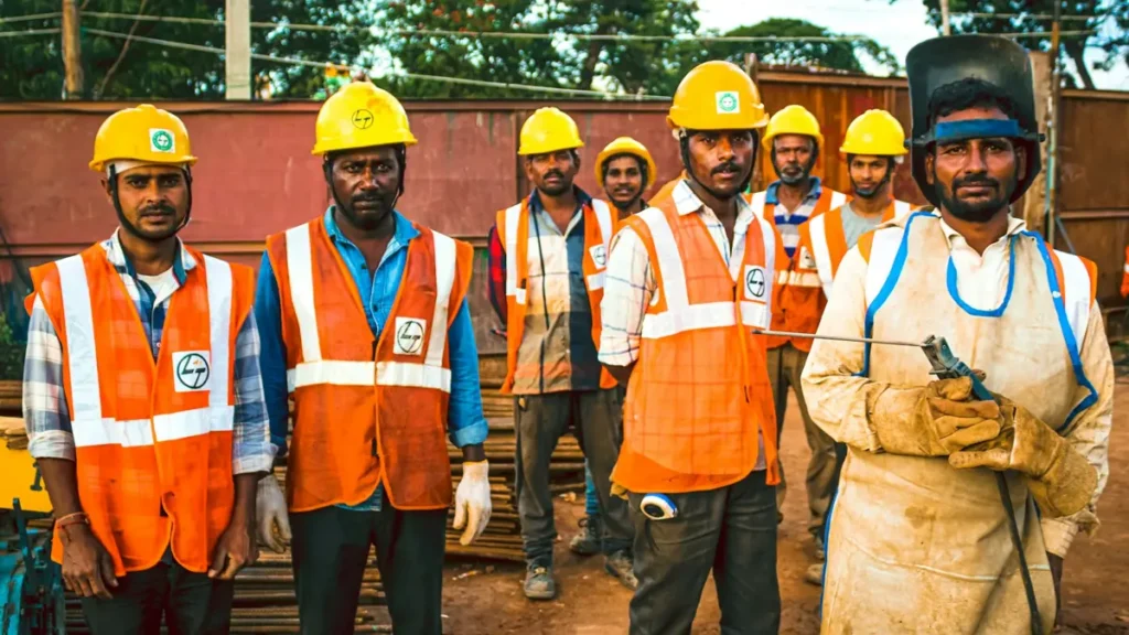 Équipe d'ouvriers en gilets orange et casques de chantier
