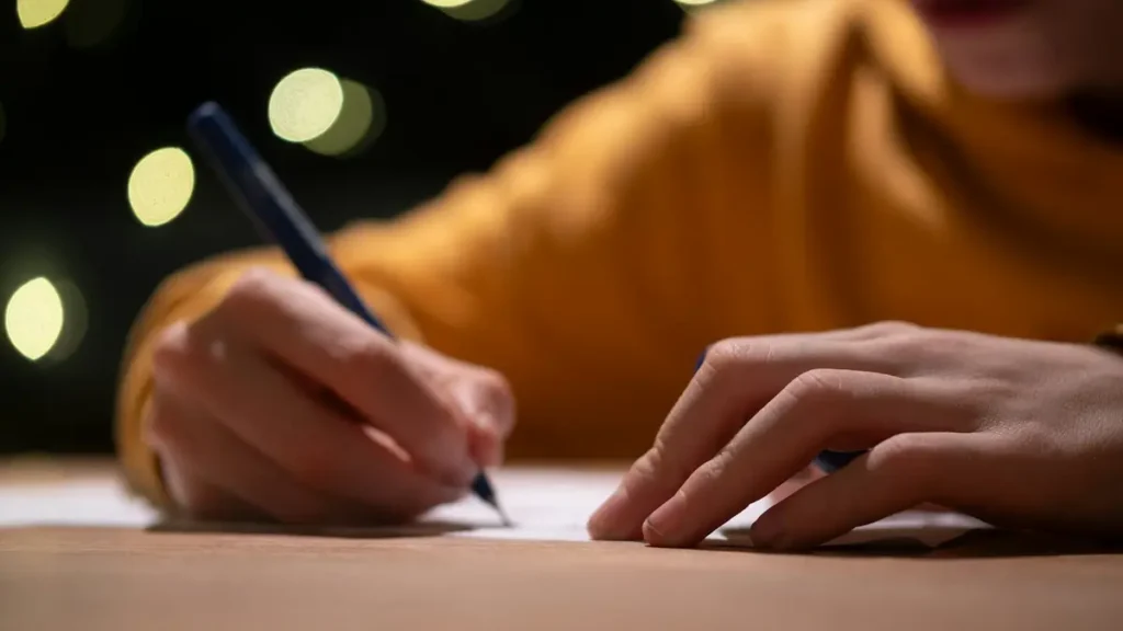 Main qui écrit une lettre au stylo sur une table