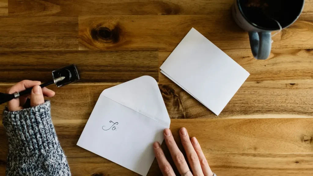 Mains qui préparent une lettre et une enveloppe sur une table en bois