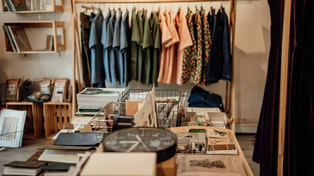 Boutique de vêtements avec portants et étagères