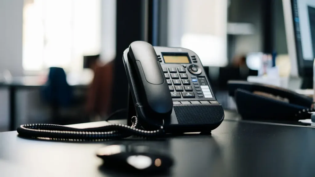Téléphone de bureau posé sur une table sombre
