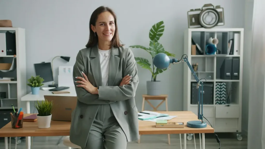 Femme souriante bras croisés dans un bureau