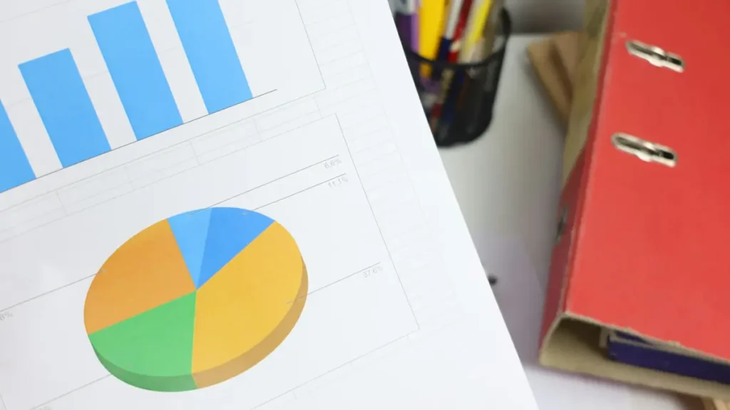 Graphiques en barres et camembert imprimés sur un document