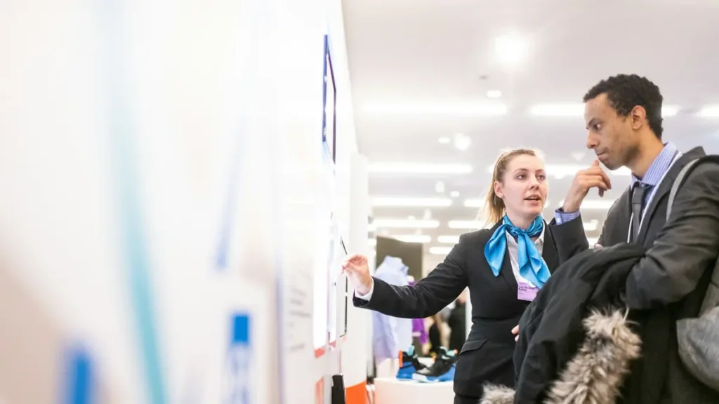 Candidat qui échange avec une recruteuse devant un stand