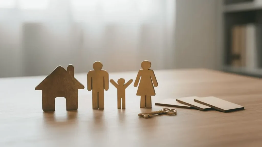 Figurines en bois d'une famille à côté d'une maison